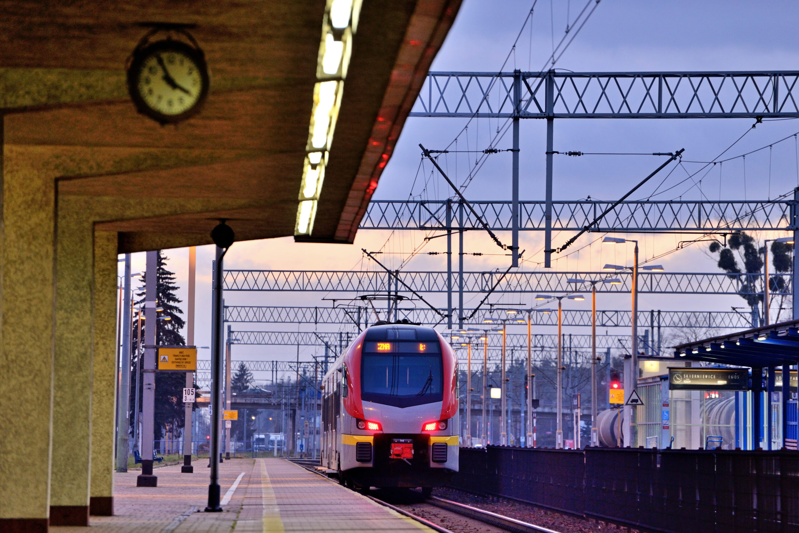 Passenger train at the station. Koluszki, Poland.